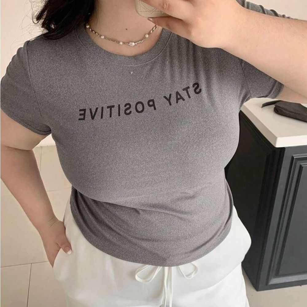 Stay Positive Gray Ribbed Women's Top - Picture 6 of 15